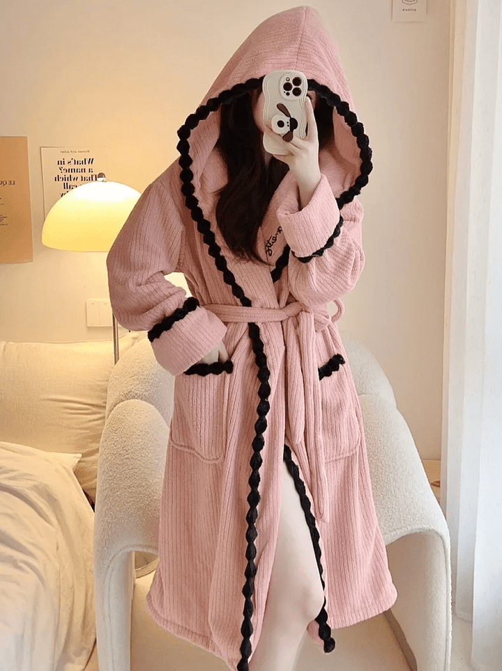 Robe Longue Femme en Velours Corail Épais avec Capuche – Confort Optimal et Élégance pour Automne Hiver 0
