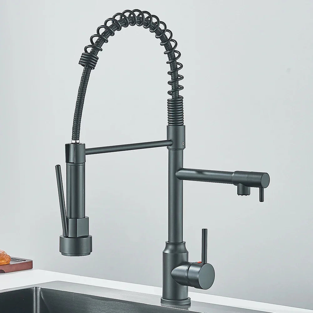 Robinet de Cuisine Noir à Double Bec – Mitigeur Cuisine Moderne en Acier Inoxydable, Design Pratique et Élégant 0