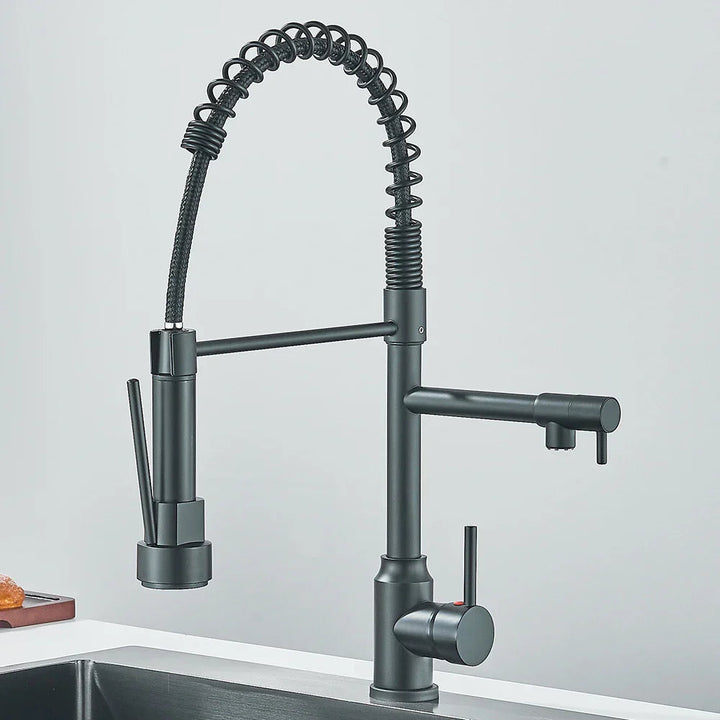 Robinet de Cuisine Noir à Double Bec – Mitigeur Cuisine Moderne en Acier Inoxydable, Design Pratique et Élégant 0