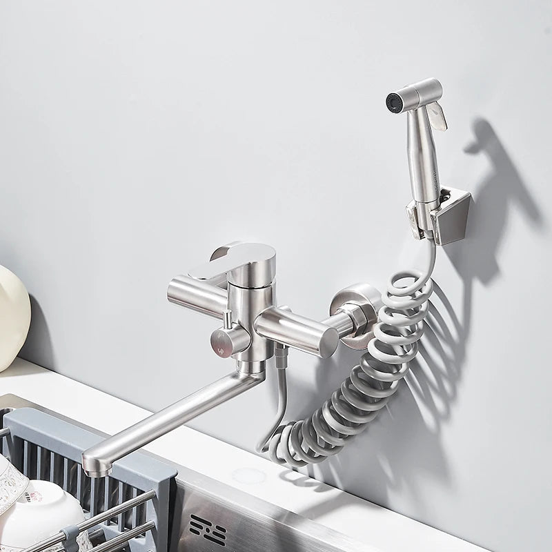 Robinet de Cuisine en Acier Inoxydable avec Buse Rotative à 360° - Mitigeur Cuisine Double Trou Multifonctionnel 0
