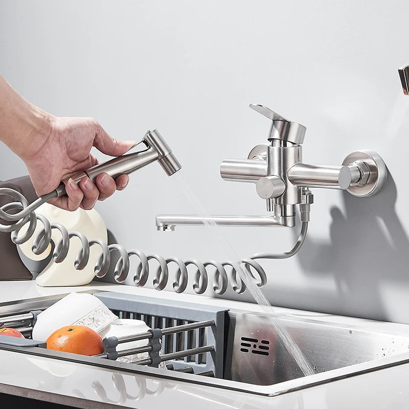 Robinet de Cuisine en Acier Inoxydable avec Buse Rotative à 360° - Mitigeur Cuisine Double Trou Multifonctionnel 1