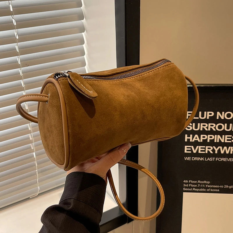 Sac À Main Cylindrique En Suédine Pour Femme - Style Rétro Polyvalent 0