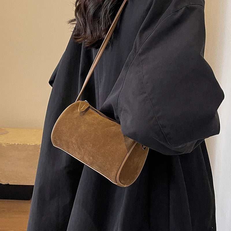 Sac À Main Cylindrique En Suédine Pour Femme - Style Rétro Polyvalent 2