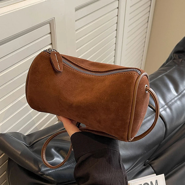 Sac À Main Cylindrique En Suédine Pour Femme - Style Rétro Polyvalent 3