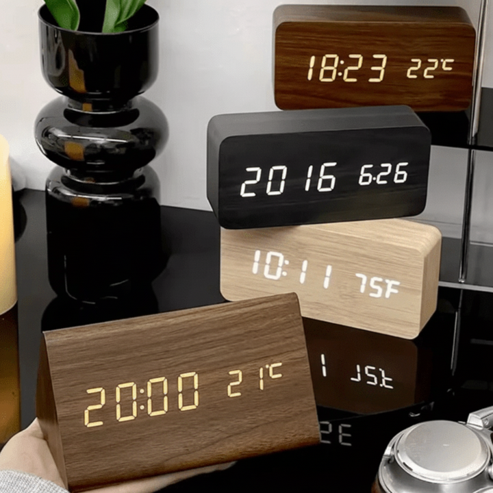 Sveglia Digitale LED Legno Controllo Voce Orologio Tavolo