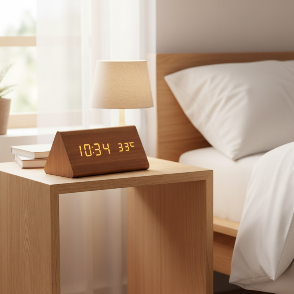 Sveglia Digitale LED Legno Controllo Voce Orologio Tavolo