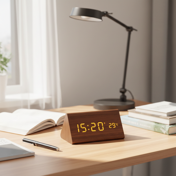 Sveglia Digitale LED Legno Controllo Voce Orologio Tavolo