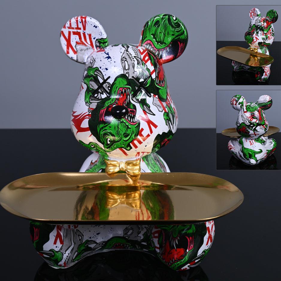 Sculpture Animale en Résine Ours Coloré avec Plateau de Rangement Pratique – Décoration Intérieure Unique 1