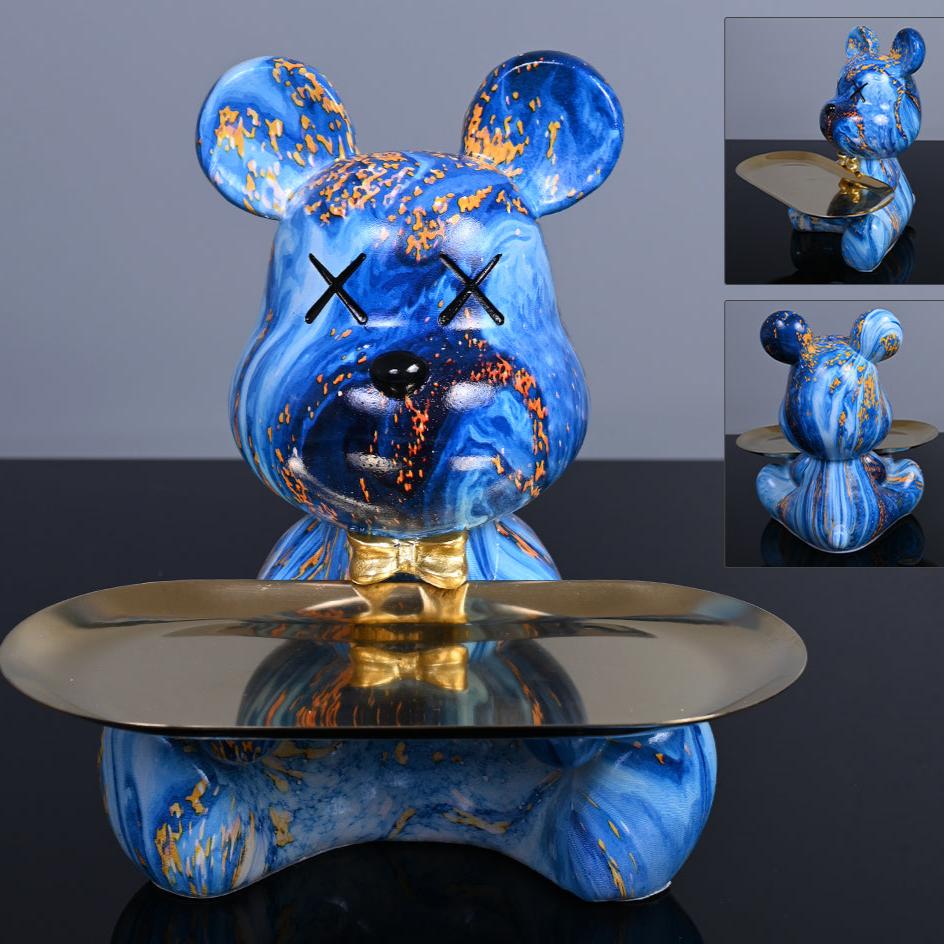Sculpture Animale en Résine Ours Coloré avec Plateau de Rangement Pratique – Décoration Intérieure Unique 3