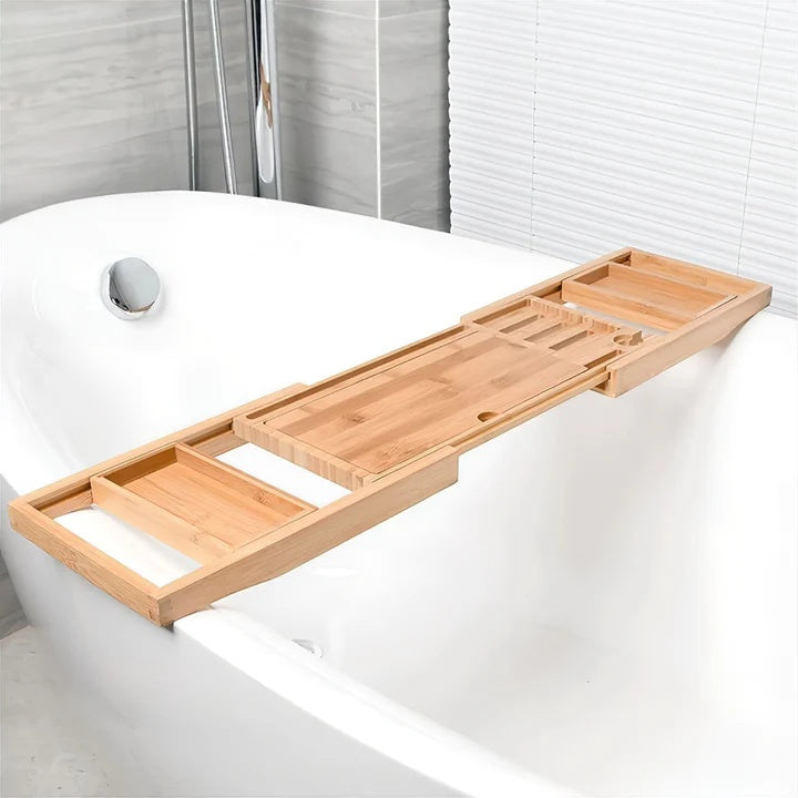 Support de Bain Extensible en Bambou Naturel – Élégant et Pratique pour Toutes Baignoires, Rangement Idéal pour Livres et Accessoires 4