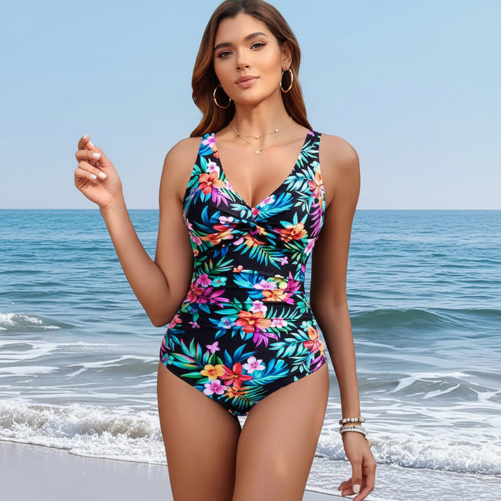 Costume intero donna con controllo pancia, arricciato, scollo a V, push up