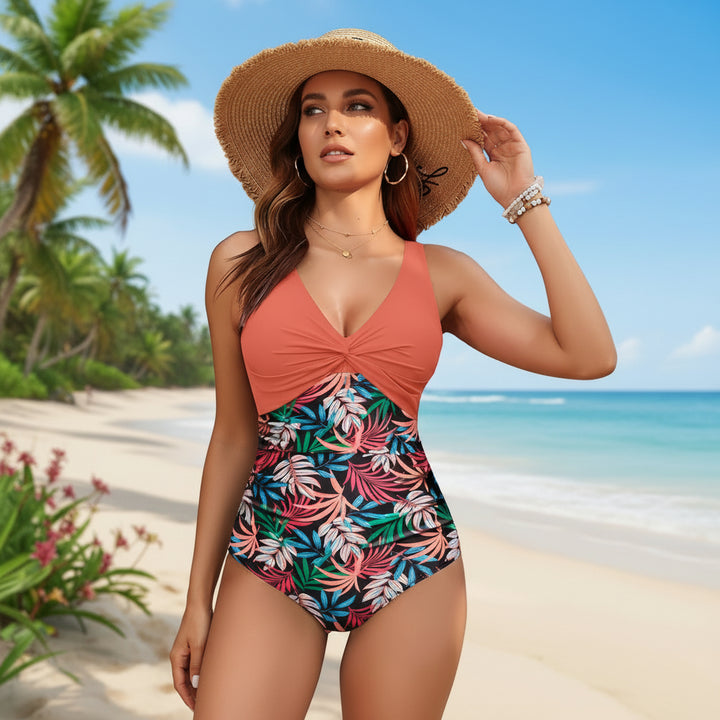 Costume intero donna con controllo pancia, arricciato, scollo a V, push up