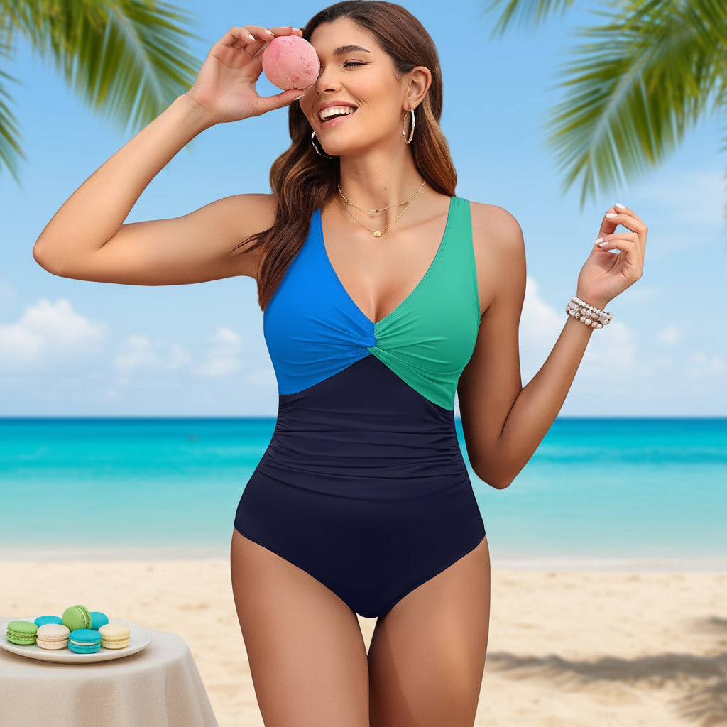 Costume intero donna con controllo pancia, arricciato, scollo a V, push up