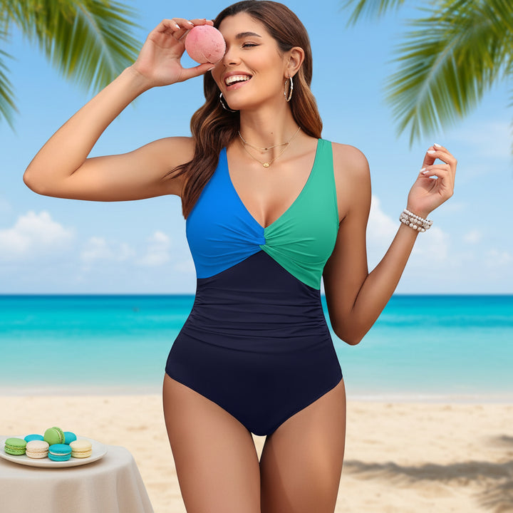 Costume intero donna con controllo pancia, arricciato, scollo a V, push up