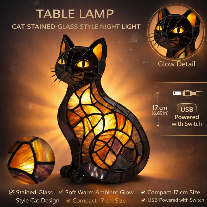 Cat Night Light Stained Glass Table Lamp