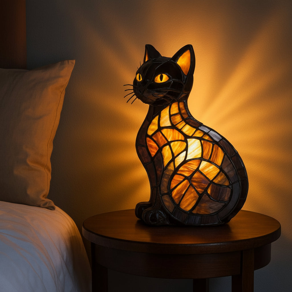 Cat Night Light Stained Glass Table Lamp