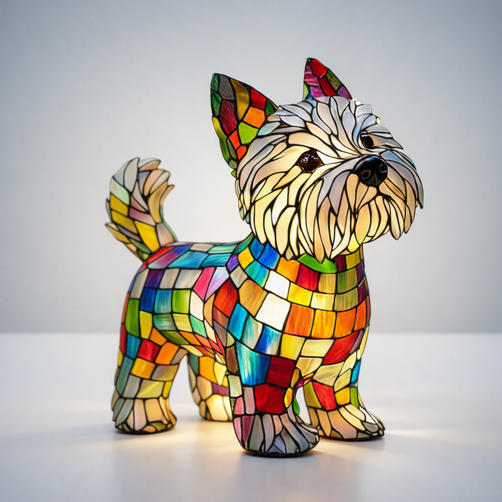 Dog Table Lamp Stained Glass LED Night Light Resin Decor
