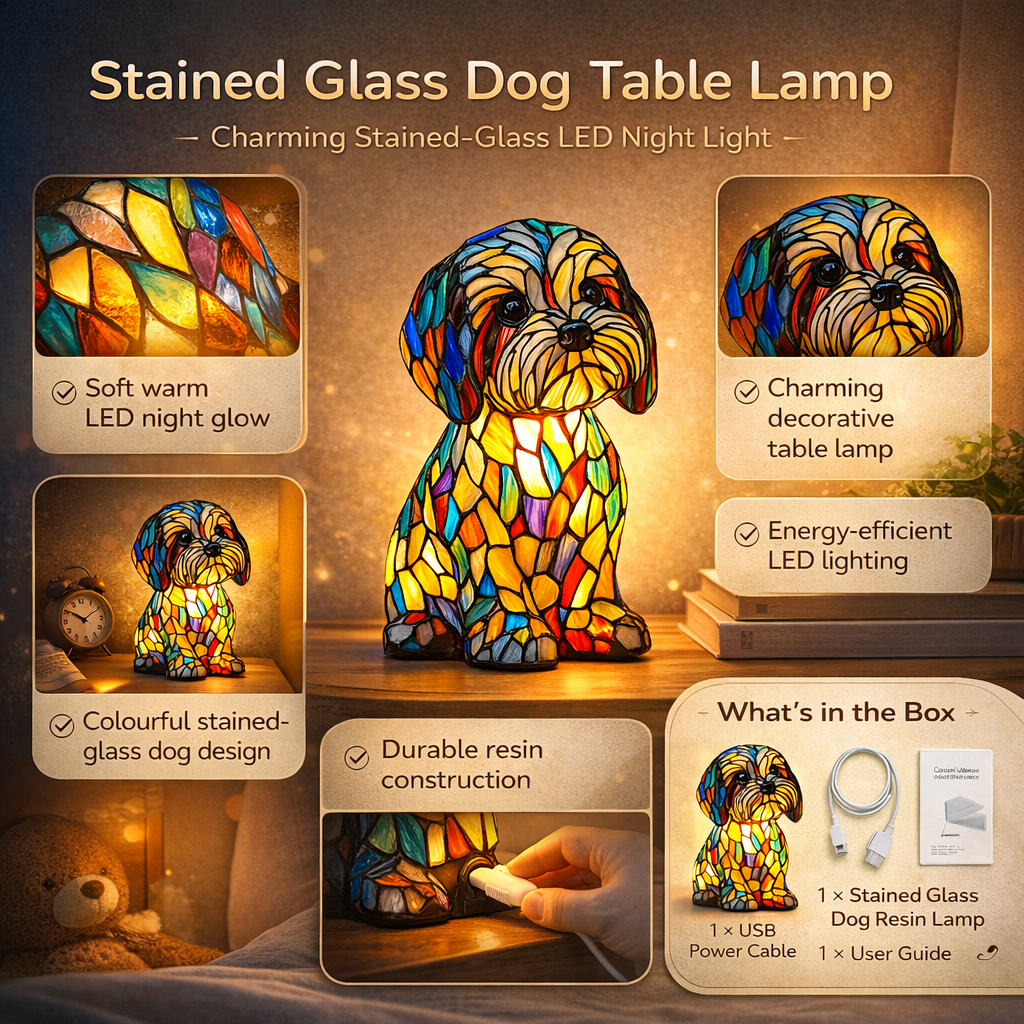 Dog Table Lamp Stained Glass LED Night Light Resin Decor