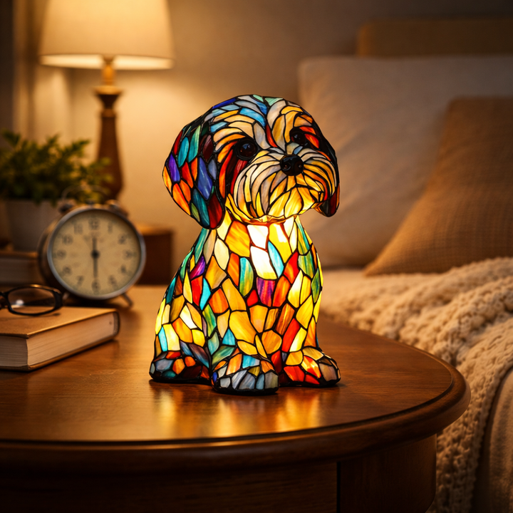 Dog Table Lamp Stained Glass LED Night Light Resin Decor