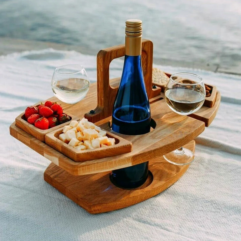 Table de Pique-Nique en Bois Portable avec Compartiments Pratiques pour Vin et Snacks – Design Élégant et Spacieux 1