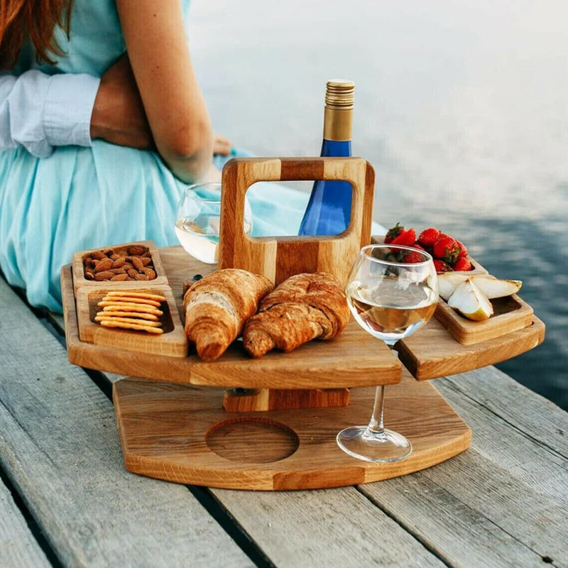 Table de Pique-Nique en Bois Portable avec Compartiments Pratiques pour Vin et Snacks – Design Élégant et Spacieux 3