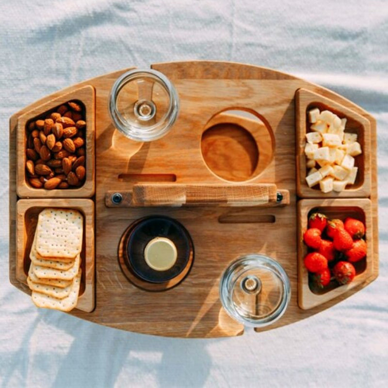 Table de Pique-Nique en Bois Portable avec Compartiments Pratiques pour Vin et Snacks – Design Élégant et Spacieux 5