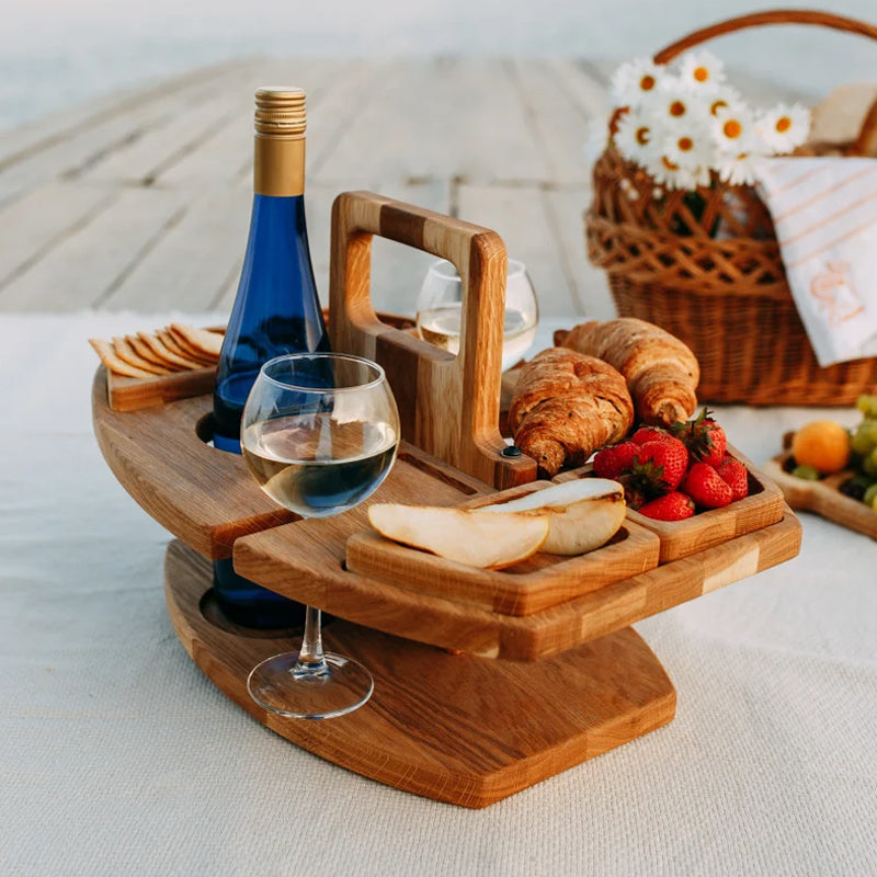 Table de Pique-Nique en Bois Portable avec Compartiments Pratiques pour Vin et Snacks – Design Élégant et Spacieux 7