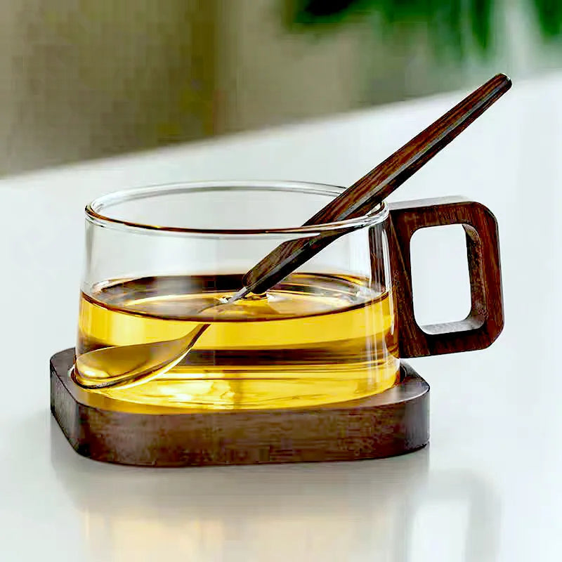 Tasses en Verre Borosilicate avec Détails en Bois – Tasse à Café en Verre Élégante 300 ml 2