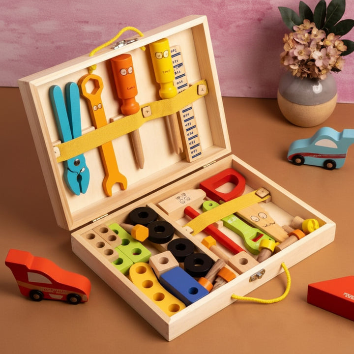Tool Set Kids Wooden Construction Toy Kit Toolbox