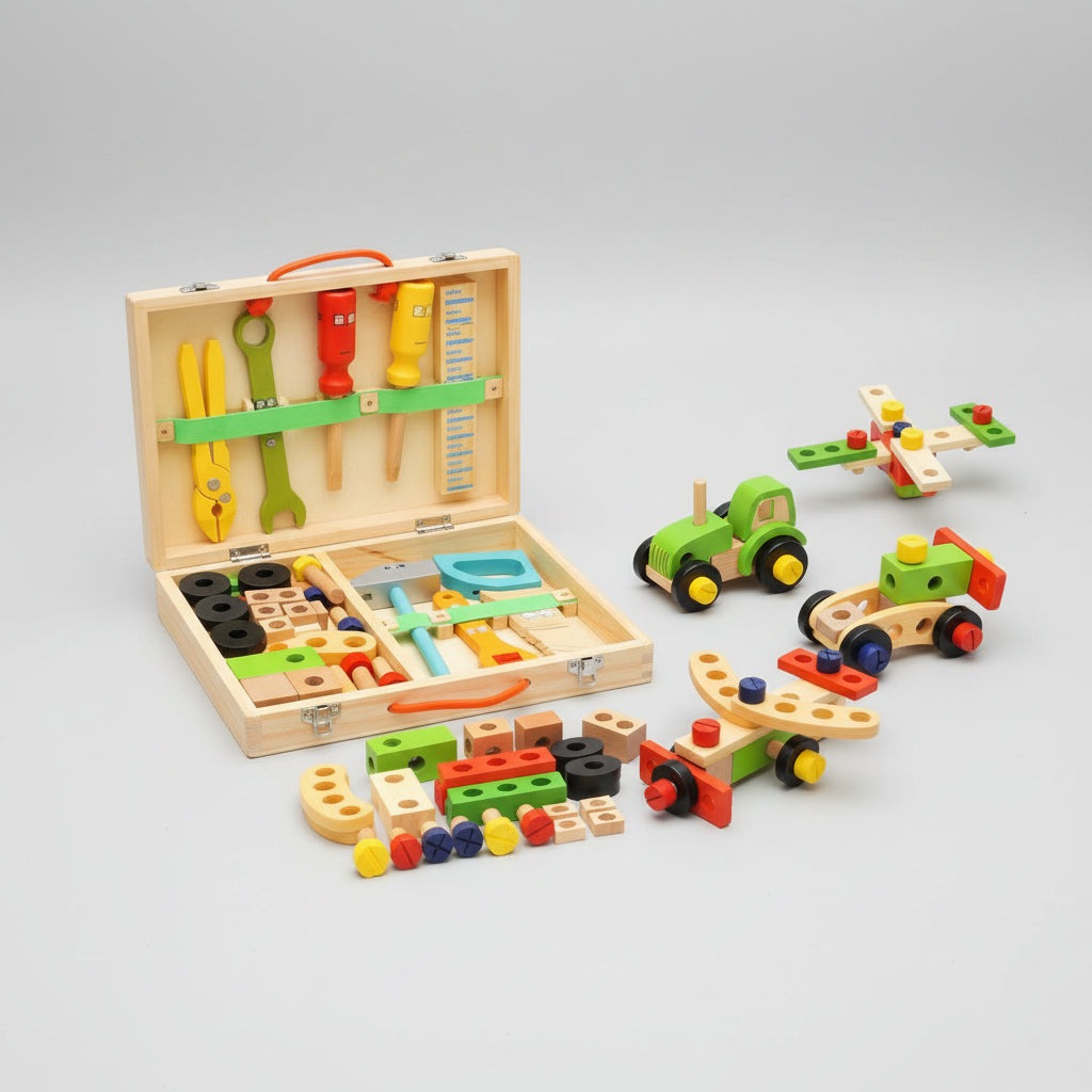 Tool Set Kids Wooden Construction Toy Kit Toolbox