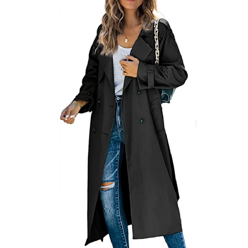 Trench Coat Femme Élégant Long à Double Boutonnage et Poignets Réglables - Confort et Style Intemporel 0