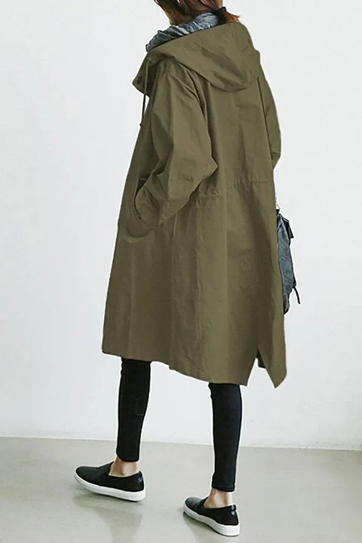 Trench Coat Femme Oversize Élégant avec Capuche et Poches – Tissu Léger Idéal pour la Mi-Saison 2