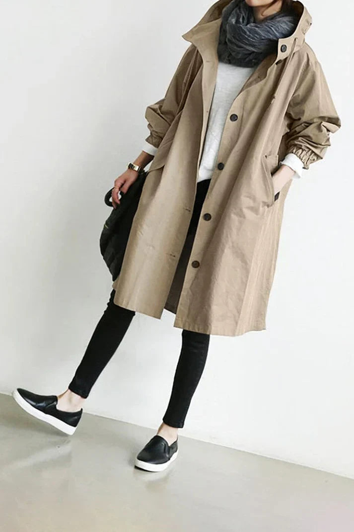 Trench Coat Femme Oversize Élégant avec Capuche et Poches – Tissu Léger Idéal pour la Mi-Saison 4