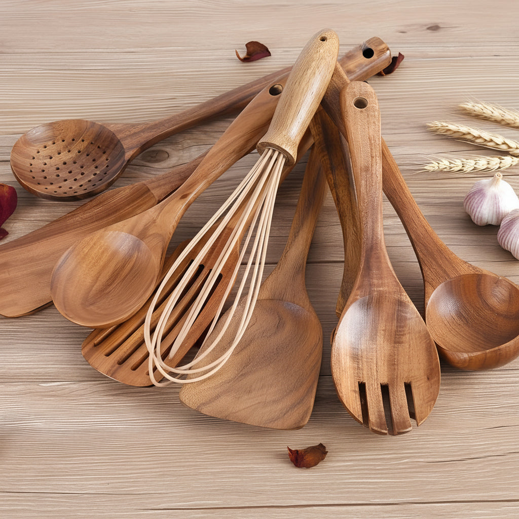 Kitchen Utensil Set Wooden Teak Cooking Tools Holder
