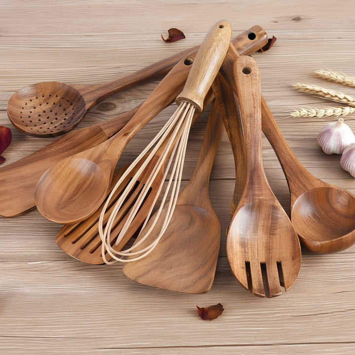 Kitchen Utensil Set Wooden Teak Cooking Tools Holder