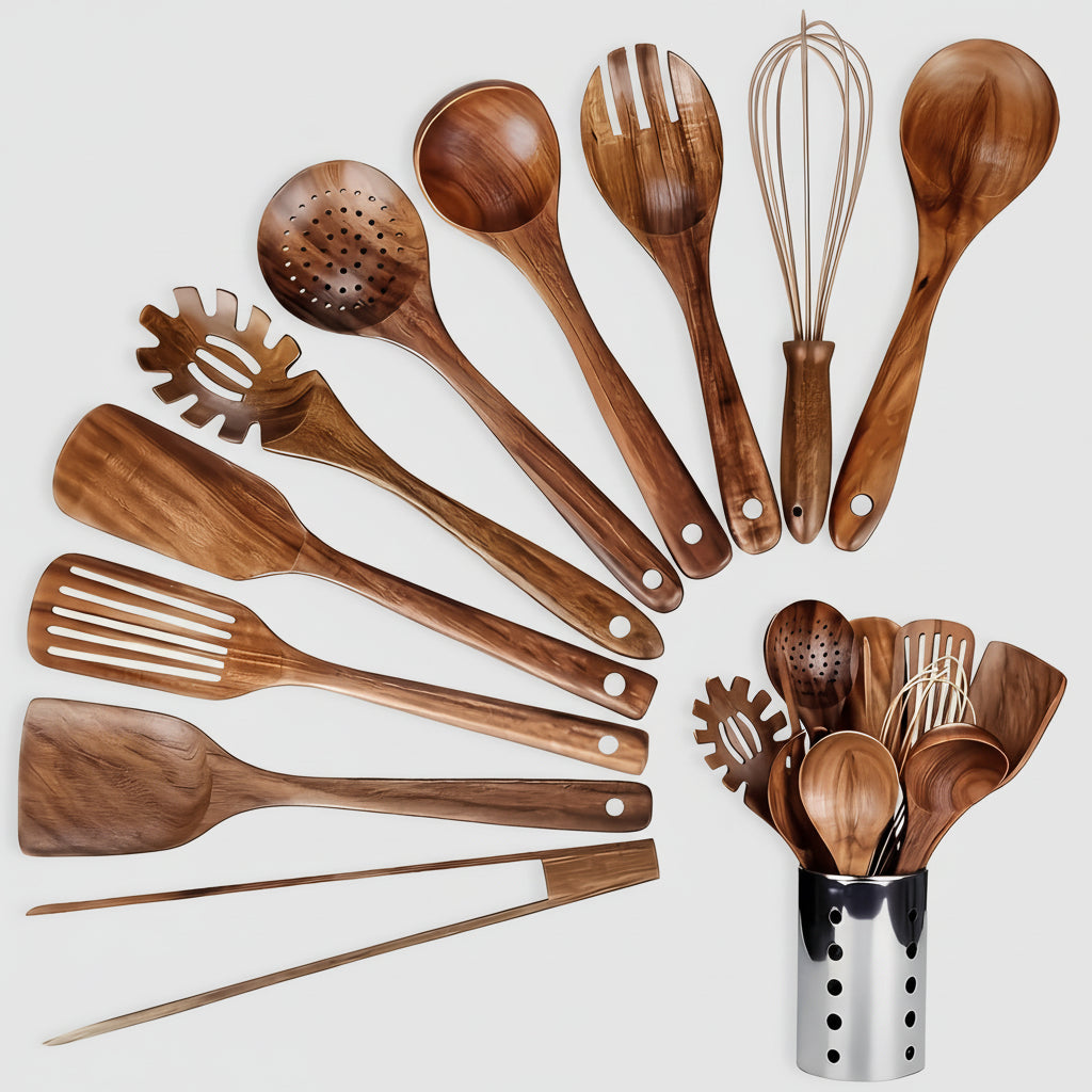 Kitchen Utensil Set Wooden Teak Cooking Tools Holder