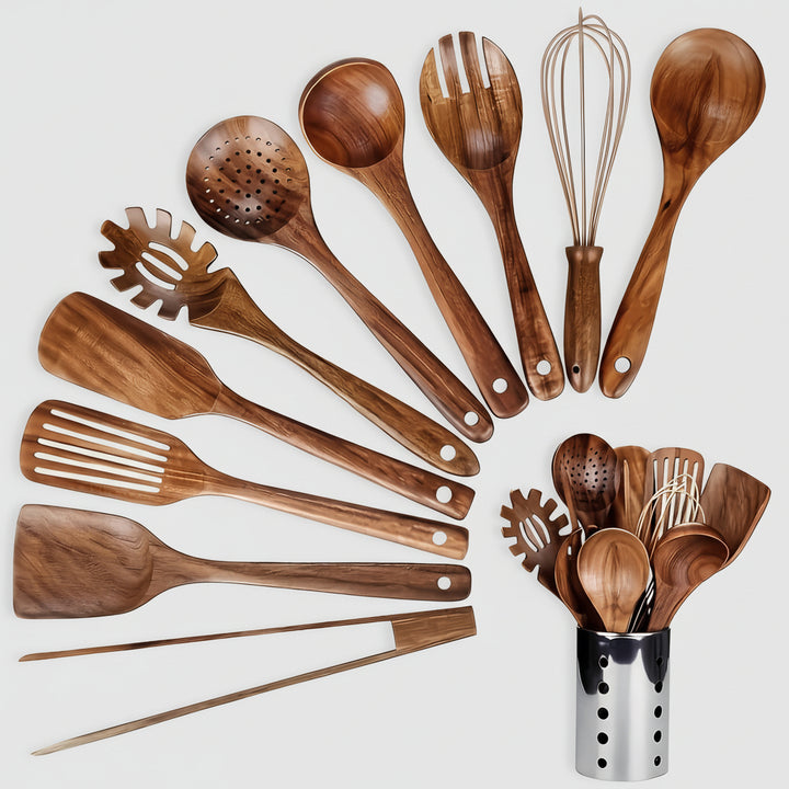 Kitchen Utensil Set Wooden Teak Cooking Tools Holder