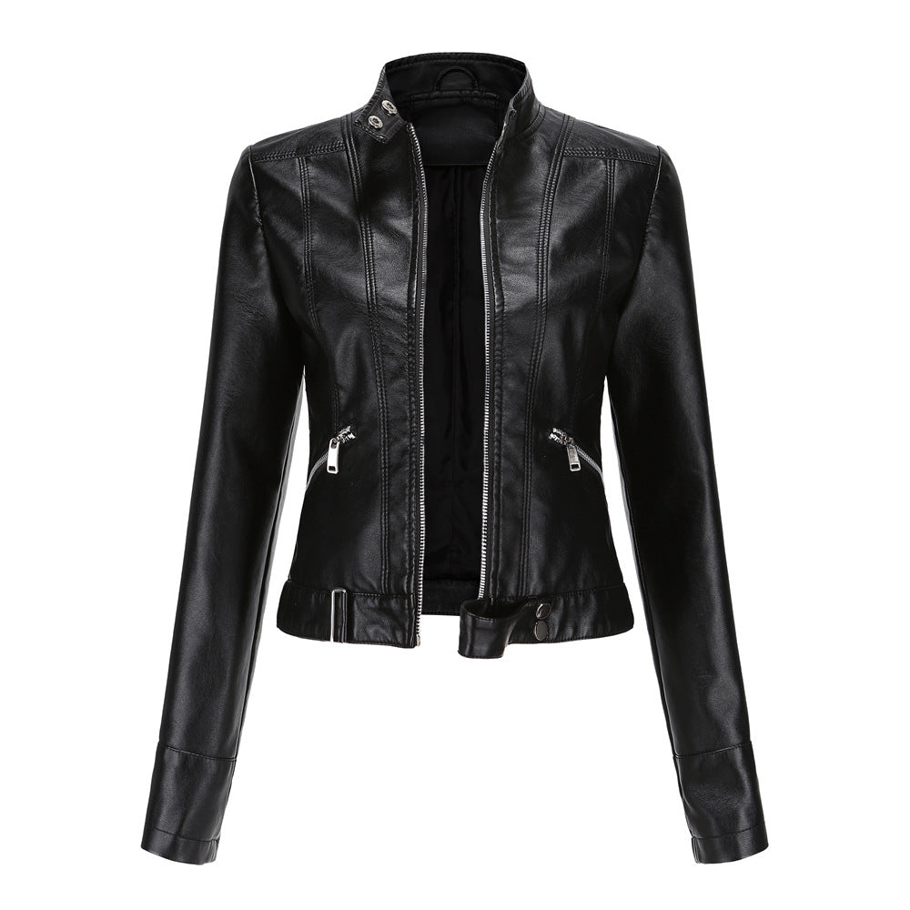 Veste Femme Élégante en PU avec Col Haut et Poches Zippées – Coupe Slim Moderne 0