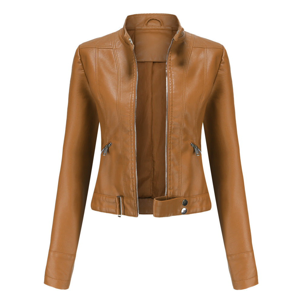 Veste Femme Élégante en PU avec Col Haut et Poches Zippées – Coupe Slim Moderne 1