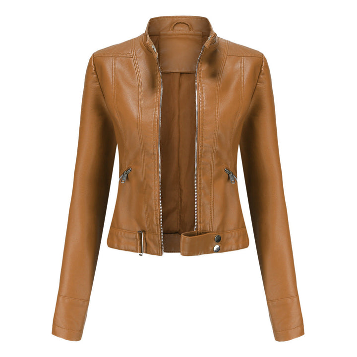 Veste Femme Élégante en PU avec Col Haut et Poches Zippées – Coupe Slim Moderne 1