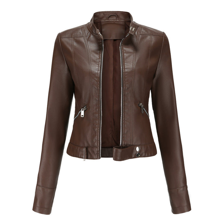 Veste Femme Élégante en PU avec Col Haut et Poches Zippées – Coupe Slim Moderne 2