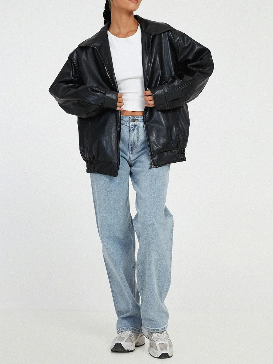Veste Femme Oversize avec Fermeture Éclair - Style Décontracté en PU, Idéale pour Tenues Tendance 1