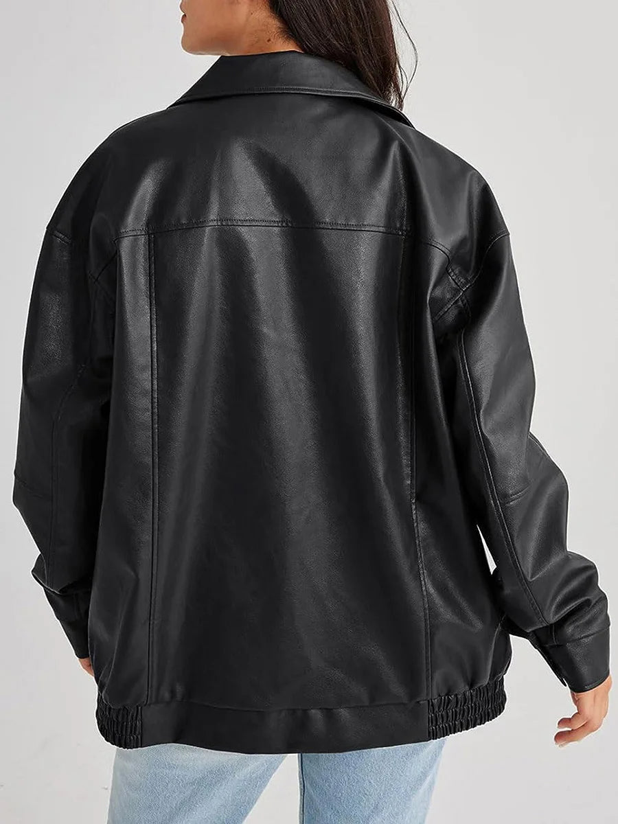 Veste Femme Oversize avec Fermeture Éclair - Style Décontracté en PU, Idéale pour Tenues Tendance 2