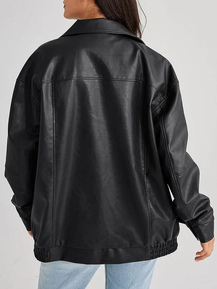 Veste Femme Oversize avec Fermeture Éclair - Style Décontracté en PU, Idéale pour Tenues Tendance 2