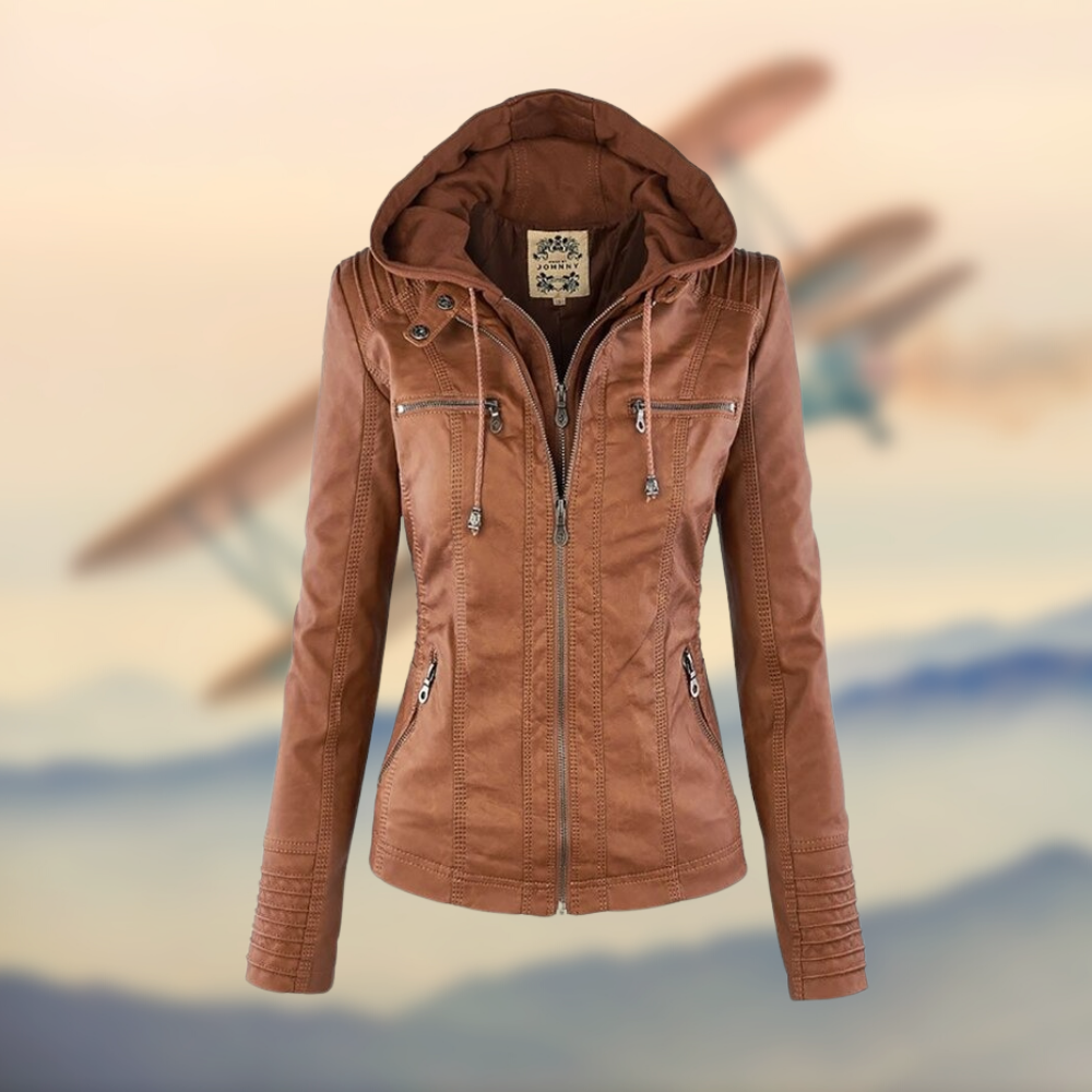 Veste Femme à Capuche en PU Élégante avec Quatre Poches Zippées – Silhouette Ajustée pour Style Quotidien 0