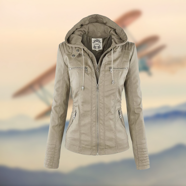Veste Femme à Capuche en PU Élégante avec Quatre Poches Zippées – Silhouette Ajustée pour Style Quotidien 3