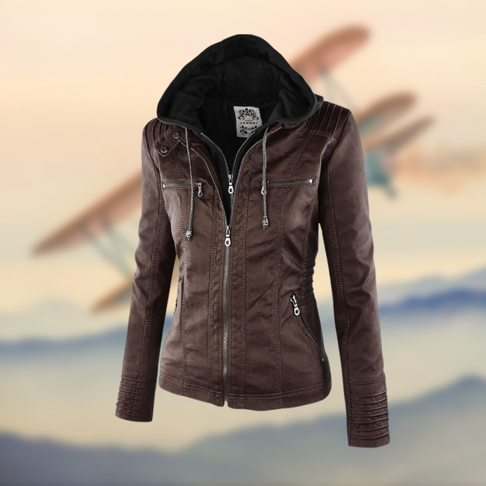 Veste Femme à Capuche en PU Élégante avec Quatre Poches Zippées – Silhouette Ajustée pour Style Quotidien 4