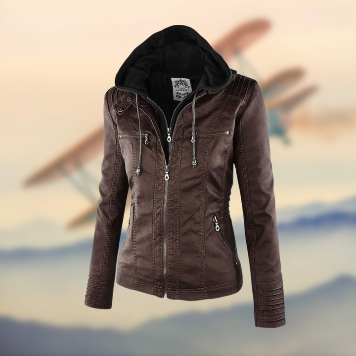 Veste Femme à Capuche en PU Élégante avec Quatre Poches Zippées – Silhouette Ajustée pour Style Quotidien 4