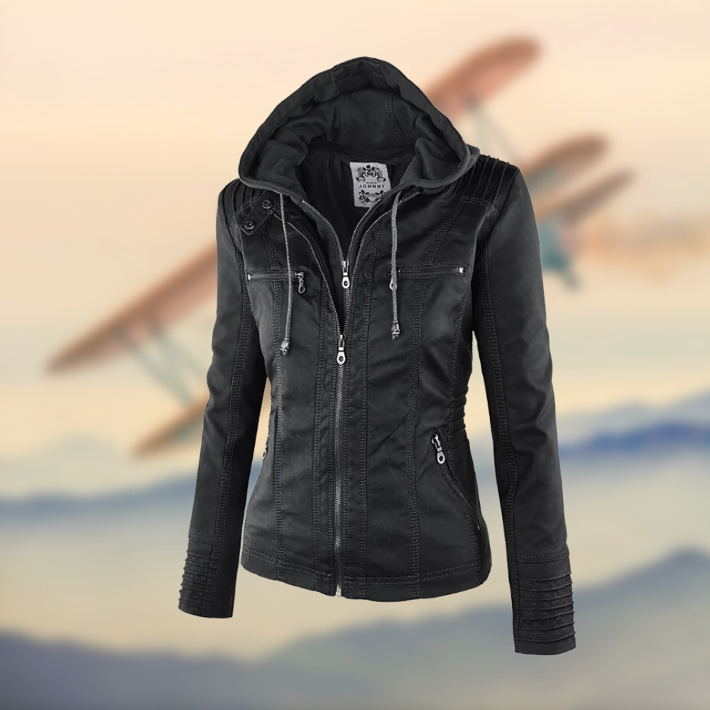 Veste Femme à Capuche en PU Élégante avec Quatre Poches Zippées – Silhouette Ajustée pour Style Quotidien 5