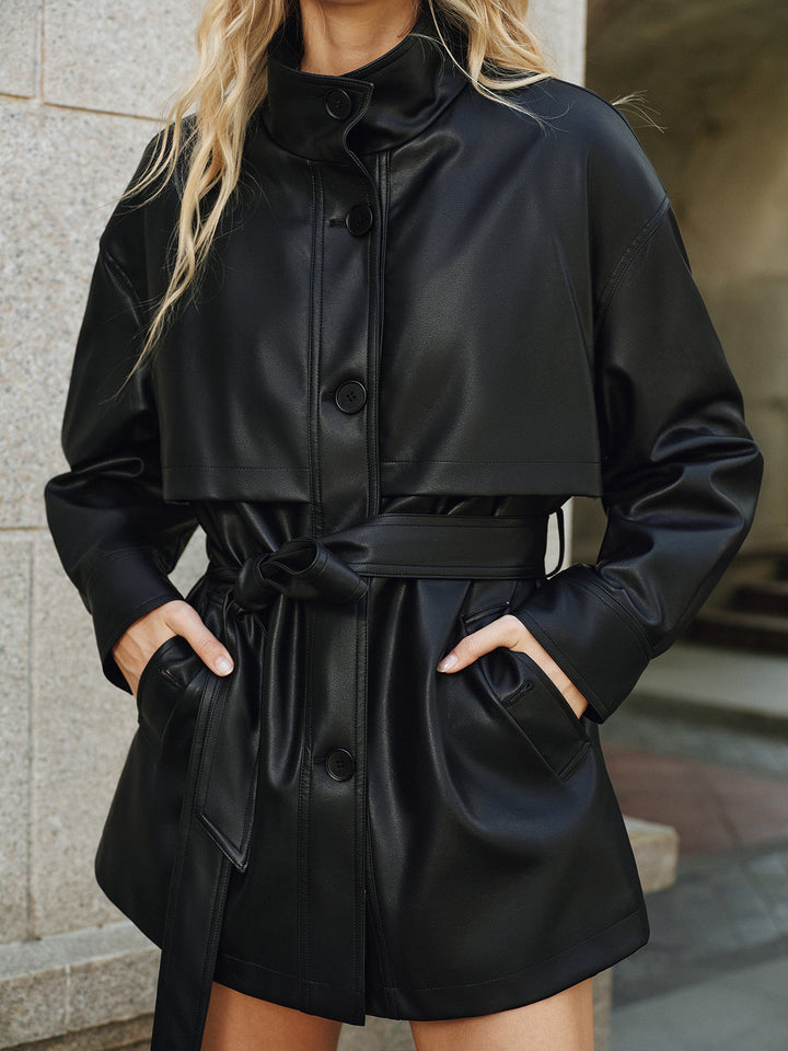 Veste d'Extérieur en PU Chaude avec Ceinture et Col Montant – Confortable et Moderne 2